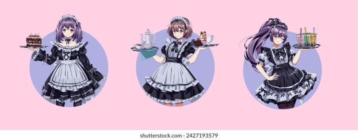 Maid cafe girls in uniforms round vector avatars set. Lovely anime women holding trays with cakes and drinks round logos on pink background