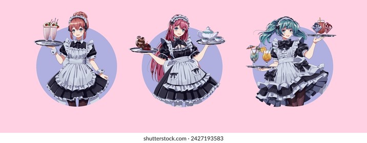 Maid cafe girls in uniforms round vector avatars set. Lovely anime women holding trays with cakes and drinks round logos on pink background