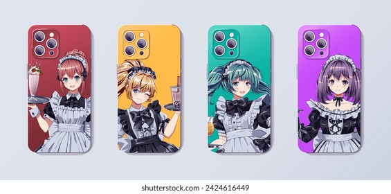 Maid cafe waitresses in uniforms printed on phone case design vector illustration set. Anime girls characters color template for smartphone cover style