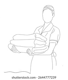 empregada carregando toalha.linha desenho de arte de empregada doméstica mulher carregando pilha de toalhas limpas.