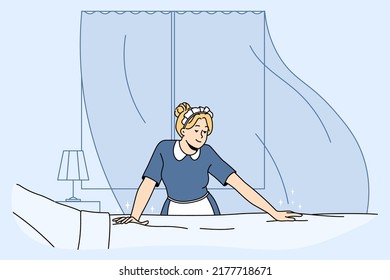 Maid changing bedding cleaning hotel room. Housekeeper in uniform working. Housekeeping service. Vector illustration. 