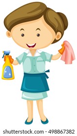 Maid with cleaner spray and cloth illustration