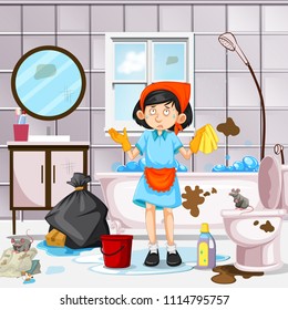 A Maid Cleaning Dirty Bathroom illustration