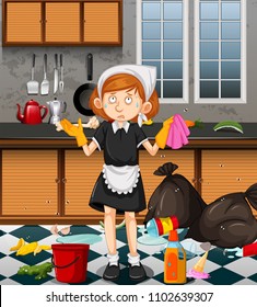 A Maid Cleaning Dirty Kitchen illustration