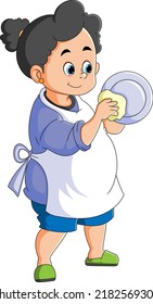 The maid is cleaning and drying the dishes with the cloth of illustration