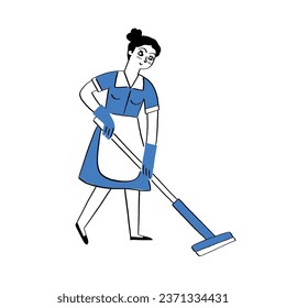 A maid is cleaning the floor with a mop. Hand drawn vector illustration line art doodle style. 