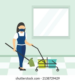 Maid Cleaning The Floor With Mop In Office Concept vector icon design, Industrial cleaning service symbol, office and street caretaker Sign, maintenance appliance and equipment stock illustration