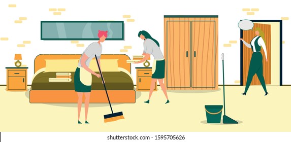 Maid Cleaning Hotel Room, Administrator Coming Flat Cartoon Vector Illustration. Girl in Uniform Sweeping Floor with Broom. Woman Bringing Towels and Putting on Bed. Interior with Furniture.