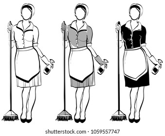 maid or cleaning lady, line drawing for your design, three black and white versions, vector illustration, isolated object