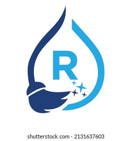 Maid Cleaning Logo On Letter R. Clean House Sign, Fresh Clean Logo Cleaning Brush and Water Drop Concept Template