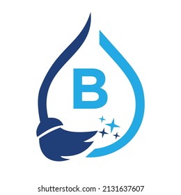 Maid Cleaning Logo On Letter B. Clean House Sign, Fresh Clean Logo Cleaning Brush and Water Drop Concept Template