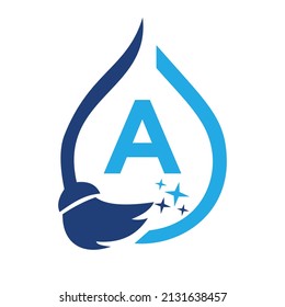 Maid Cleaning Logo On Letter A. Clean House Sign, Fresh Clean Logo Cleaning Brush and Water Drop Concept Template