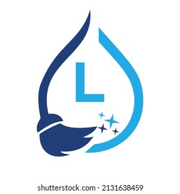 Maid Cleaning Logo On Letter L. Clean House Sign, Fresh Clean Logo Cleaning Brush and Water Drop Concept Template