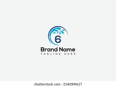 Maid Cleaning Logo On Letter 6. Clean House Sign, Fresh Clean Logo Cleaning Brush and Water Drop Concept Template