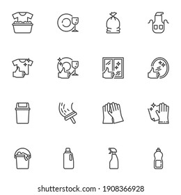 Maid and cleaning service line icons set, outline vector symbol collection, linear style pictogram pack. Signs logo illustration. Set includes icons - gloves, detergent spray, window cleaning, laundry