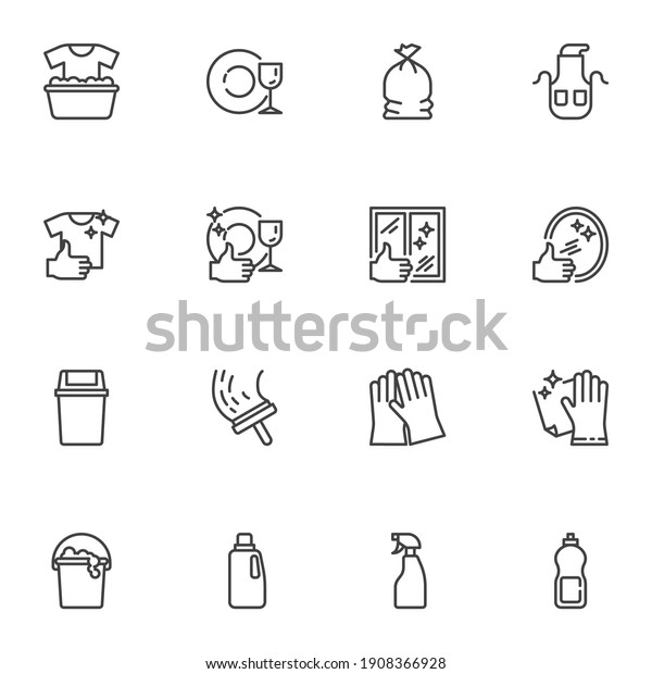 Maid and cleaning service line icons set, outline\
vector symbol collection, linear style pictogram pack. Signs logo\
illustration. Set includes icons - gloves, detergent spray, window\
cleaning, laundry