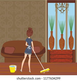Maid cleans the room