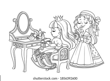 Maid combing the hair of a princess sitting behind dressing table outlined for coloring book 