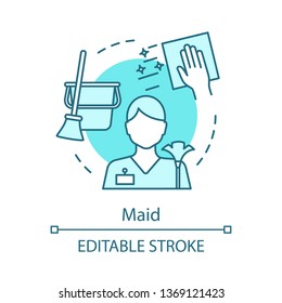 Maid concept icon. Cleaning agency staff idea thin line illustration. Housekeeper. Vacuuming, mopping, wiping. Servant in hotel, house. Floor washing. Vector isolated outline drawing. Editable stroke