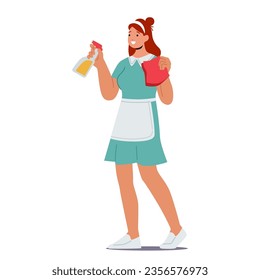 Maid Female Character Efficiently Cleans And Polishes Surfaces With A Spray And Rag. Tackles Dust, Dirt, And Grime, Leaving A Sparkling And Refreshed Environment. Cartoon People Vector Illustration