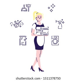 Maid flat vector character. Professional housekeeper, housemaid cartoon illustration with linear icons. Housework, housekeeping chores. Cleaning service worker, lady with towels isolated on white