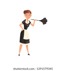 Maid holding a feather duster, housemaid character wearing classic uniform with black dress and white apron, cleaning service vector Illustration