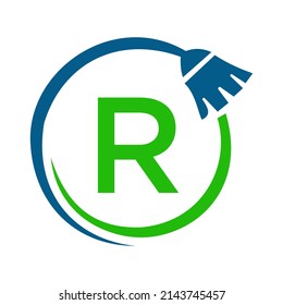 Maid House Cleaning Logo On Letter R Concept. Maid Logo, Cleaning Brush Icon