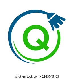 Maid House Cleaning Logo On Letter Q Concept. Maid Logo, Cleaning Brush Icon