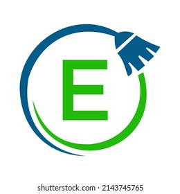 Maid House Cleaning Logo On Letter E Concept. Maid Logo, Cleaning Brush Icon