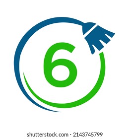 Maid House Cleaning Logo On Letter 6 Concept. Maid Logo, Cleaning Brush Icon