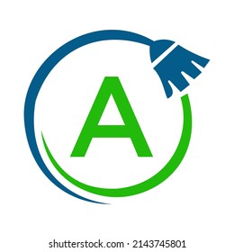 Maid House Cleaning Logo On Letter A Concept. Maid Logo, Cleaning Brush Icon