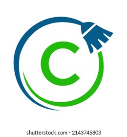 Maid House Cleaning Logo On Letter C Concept. Maid Logo, Cleaning Brush Icon