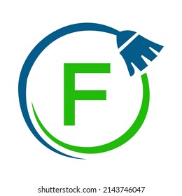 Maid House Cleaning Logo On Letter F Concept. Maid Logo, Cleaning Brush Icon