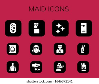 maid icon set. 12 filled maid icons. Included Sponge, Wipes, Dustpan, Cleaning spray, Maid, Dust, Clean, Bellboy, Polisher, Door hanger, Spray bottle icons