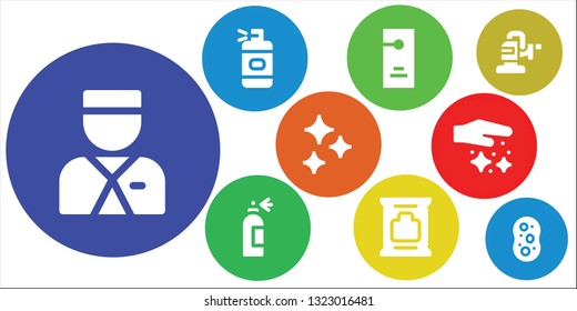 maid icon set. 9 filled maid icons.  Simple modern icons about  - Bellboy, Spray bottle, Door hanger, Wipes, Clean, Dust, Polisher, Sponge