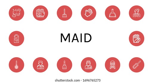 conjunto de iconos de criada. Colección de Esponja, Guantes, Escoba, Guantes de goma, Dustpan, Empleada, Bañera de baño, Piloto, Bellboy, No molestar iconos