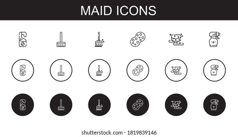 maid icons set. Collection of maid with door hanger, broom, sponge, spray bottle. Editable and scalable maid icons.