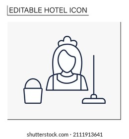  Icono de línea de doncella. Trabajadora doméstica, criada. Servicio de limpieza en la habitación del hotel, vestíbulo.Concepto de hotel. Ilustración vectorial aislada.Icono editable