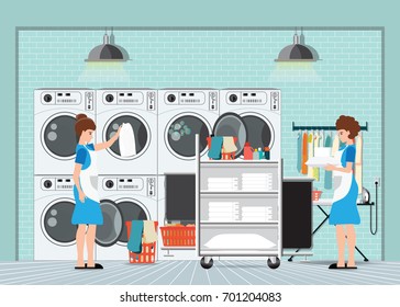 Maid loading laundry washing machine with cloth and operating with ironing machine working at hotel, hotel room service, vector illustration.