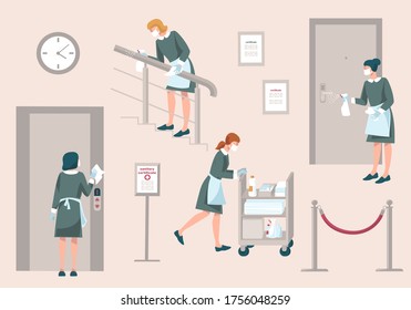 Maid With Mask And Gloves Wash Door Handle, Hand Railing, En Elevator Button And Walks Cleaning Trolley In Hotel. Prevention Measures During Coronavirus COVID 19 In Hotel.New Normal.Vector