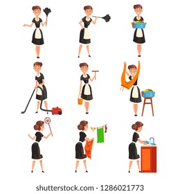 Maid posing in different situations set, housemaid character wearing classic uniform with black dress and white apron, cleaning service vector Illustration