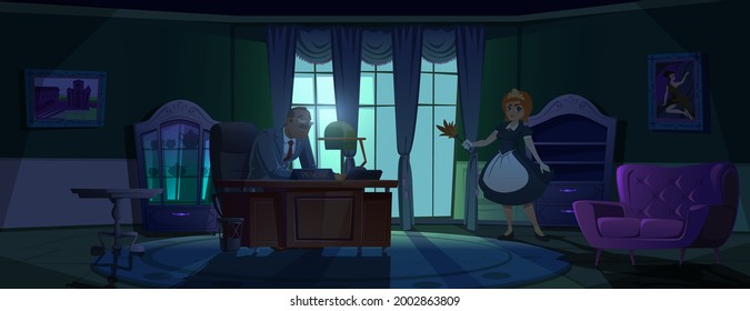 Maid in principal cabinet, young housemaid in uniform with feather brush in hands stand front of table with mature man in dark room with classic furniture at moonlight, Cartoon vector illustration