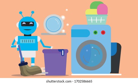 maid robot service vector washing machine cleaning smart home system flat illustration
