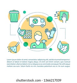 Maid service article page vector template. Sweeping, wiping. Cleaning agency. Brochure, magazine, booklet design element, linear icons, text boxes. Print design. Concept illustrations with text space