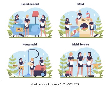 Maid service, cleaning service, apartment cleaning set. Woman in a classic uniform cleaning house or hotel. Isolated vector illustration