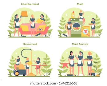 Maid service, cleaning service, apartment cleaning set. Woman in a classic uniform cleaning house or hotel. Isolated vector illustration