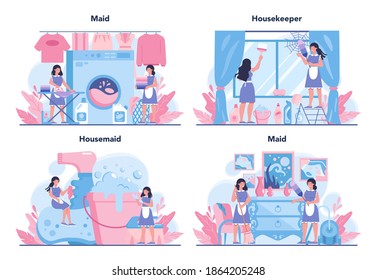 Maid service, cleaning service, apartment cleaning set. Woman in a classic uniform cleaning house or hotel. Isolated vector illustration