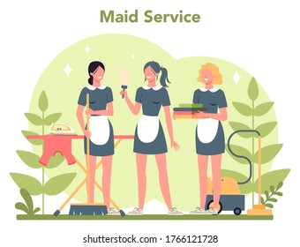 Maid service, cleaning service, apartment cleaning. Woman in a classic uniform cleaning house or hotel. Isolated vector illustration