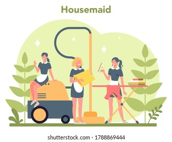 Maid service, cleaning service, apartment cleaning. Woman in a classic uniform cleaning house or hotel. Isolated vector illustration