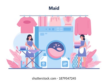 Maid service, cleaning service, apartment cleaning. Woman in a classic uniform cleaning house or hotel. Isolated vector illustration